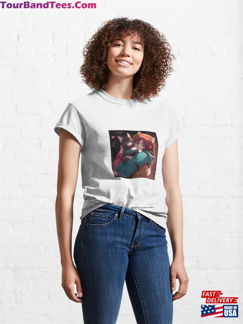 2D Illustration Of Woman Hugs Her Cat In Anime Style T-Shirt Unisex 29Uf182359 – Utopia Fashion