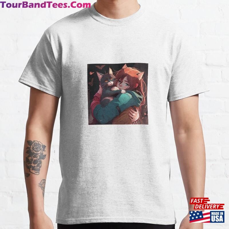 2D Illustration Of Woman Hugs Her Cat In Anime Style T-Shirt Unisex 29Uf182359 – Utopia Fashion