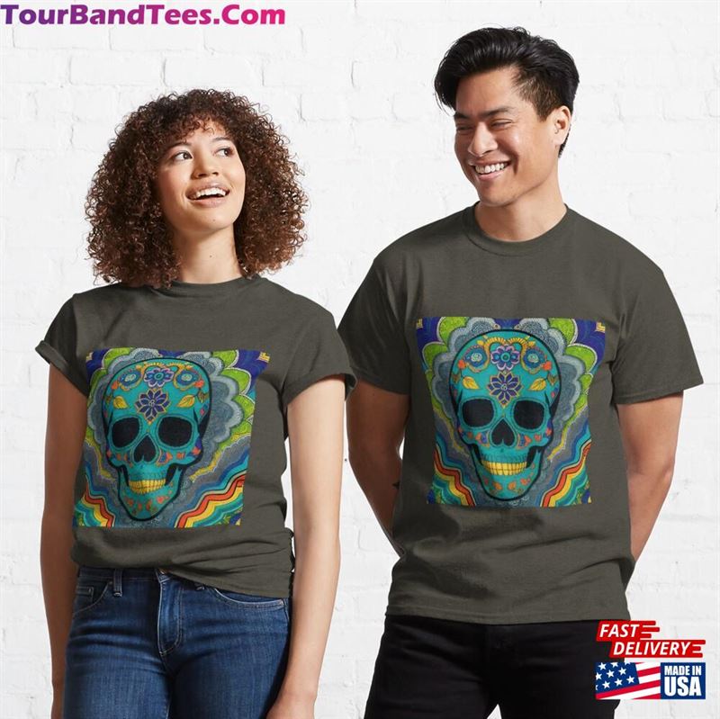 Aqua Blue Calaveras Skull With Rainbows And Filigree Classic T-Shirt Sweatshirt 29Uf177369 – Utopia Fashion