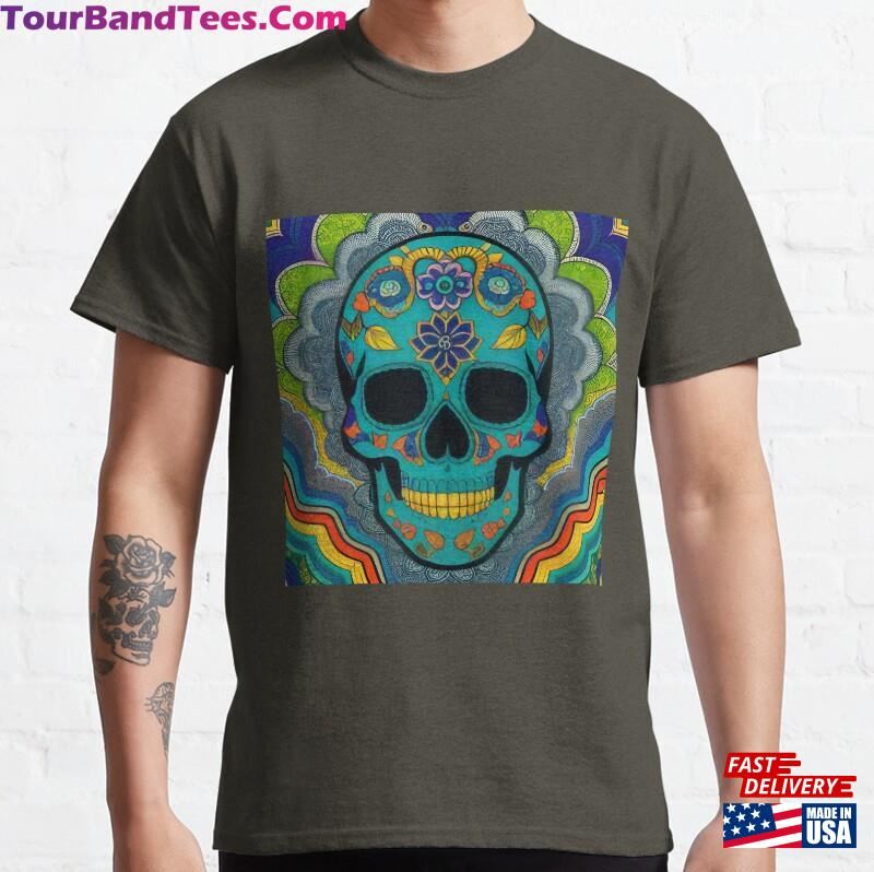 Aqua Blue Calaveras Skull With Rainbows And Filigree Classic T-Shirt Sweatshirt 29Uf177369 – Utopia Fashion