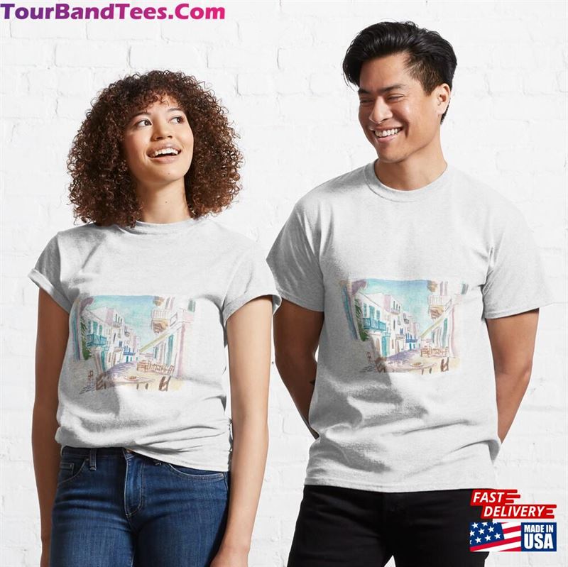 Breakfast In Mykonos Gorgeous Town Street Scene Greece Classic T-Shirt Unisex 29Uf172309 – Utopia Fashion