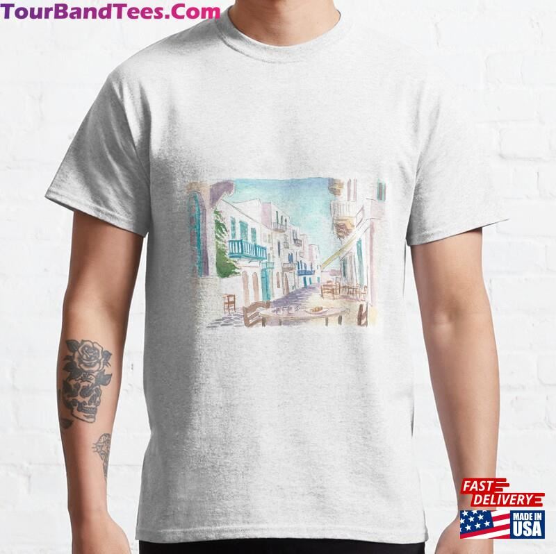 Breakfast In Mykonos Gorgeous Town Street Scene Greece Classic T-Shirt Unisex 29Uf172309 – Utopia Fashion