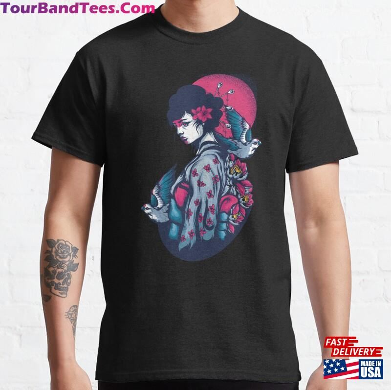 Geisha Two Birds And Flowers T-Shirt Japanese Art Shirt Girl With Roses Hoodie 29Uf182628 – Utopia Fashion