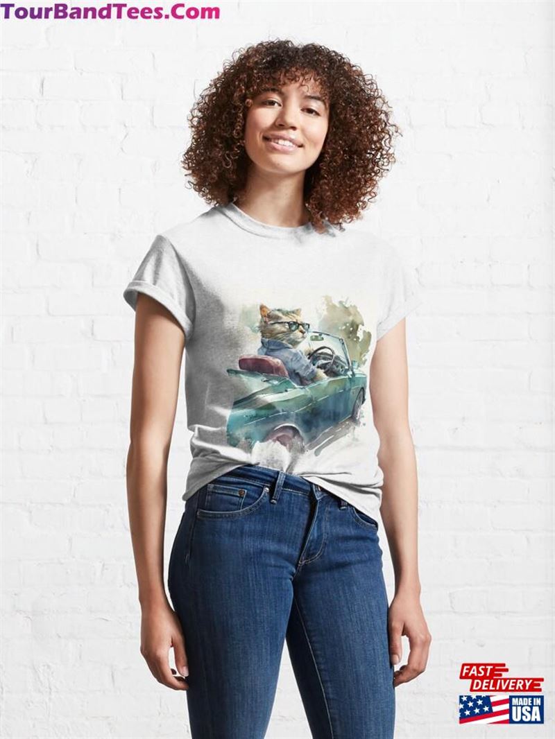 Watercolor Funny Animal Illustration Cat Driving A Fancy Sports Car Classic T-Shirt Sweatshirt Unisex 29Uf172372 – Utopia Fashion