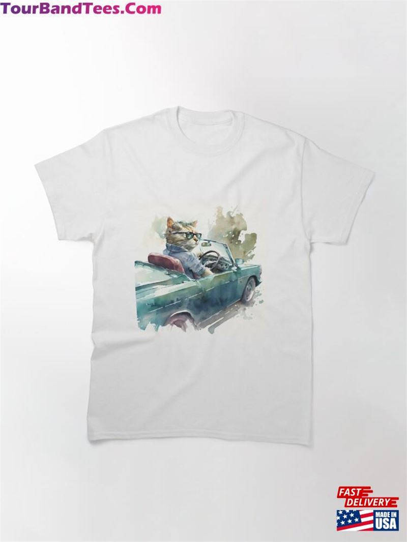 Watercolor Funny Animal Illustration Cat Driving A Fancy Sports Car Classic T-Shirt Sweatshirt Unisex 29Uf172372 – Utopia Fashion